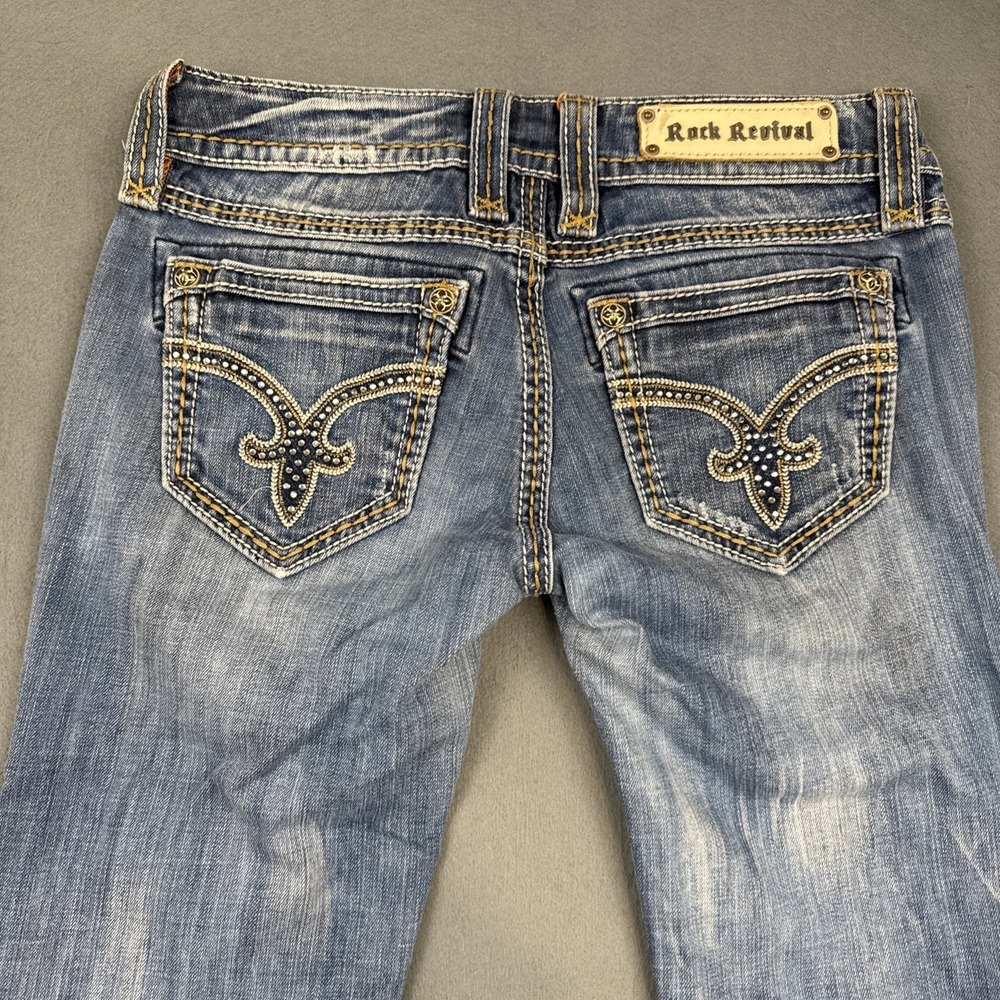 Rock Revival Denisa Jeans Womens 28/31 BOOT Y2K Low Rise THICK STITCH EMBELISHED